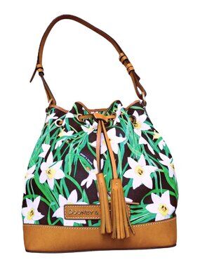 Dooney & Bourke Daffodil Tassel Drawstring Bucket Bag Purse Floral Leather Trim